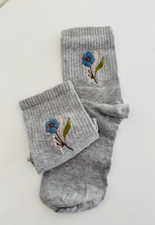 Socken Grau Blumen Blau